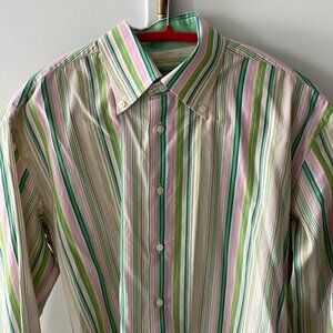 Francesco Orsini Green Pink Striped Blouse Button Down Shirt Size Large